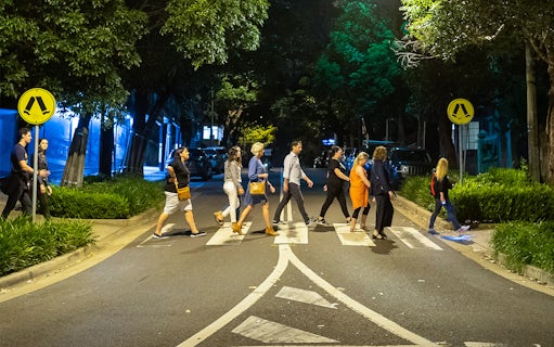 Group walking on a crosswalk during Sydney's Razor Gang True Crime Tour at night.