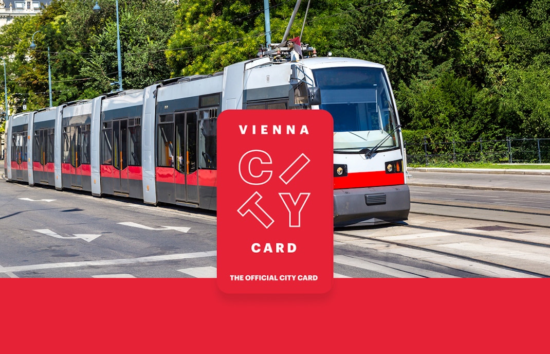 Tram in Vienna with Vienna City Card logo for unlimited transport and discounts.