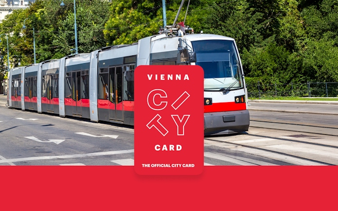 Tram in Vienna with Vienna City Card logo for unlimited transport and discounts.