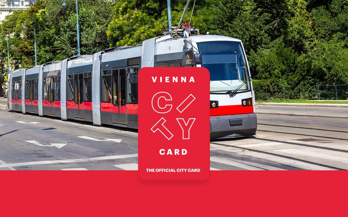 Tram in Vienna with Vienna City Card logo for unlimited transport and discounts.