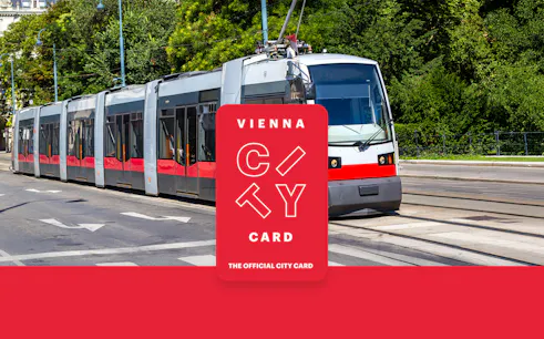 Tram in Vienna with Vienna City Card logo for unlimited transport and discounts.