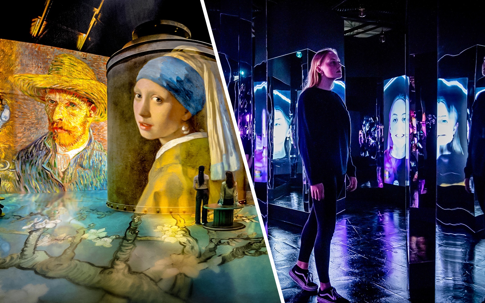 Interactive art installations at Fabrique des Lumières featuring Van Gogh and Vermeer projections.