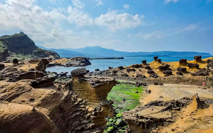 Mushroom and honeycomb rock formations at Yehliu Geopark, New Taipei City, Taiwan.