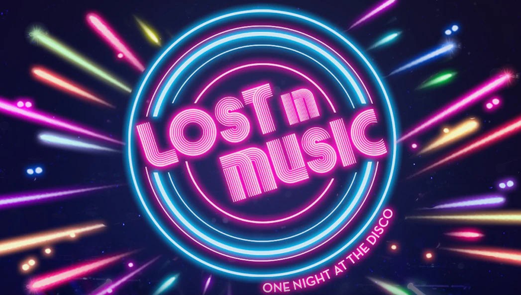 Neon lights with "Lost in Music" text and colorful streaks, promoting a disco event.