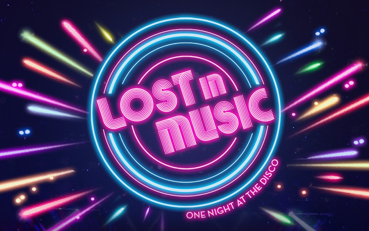 Neon lights with "Lost in Music" text and colorful streaks, promoting a disco event.