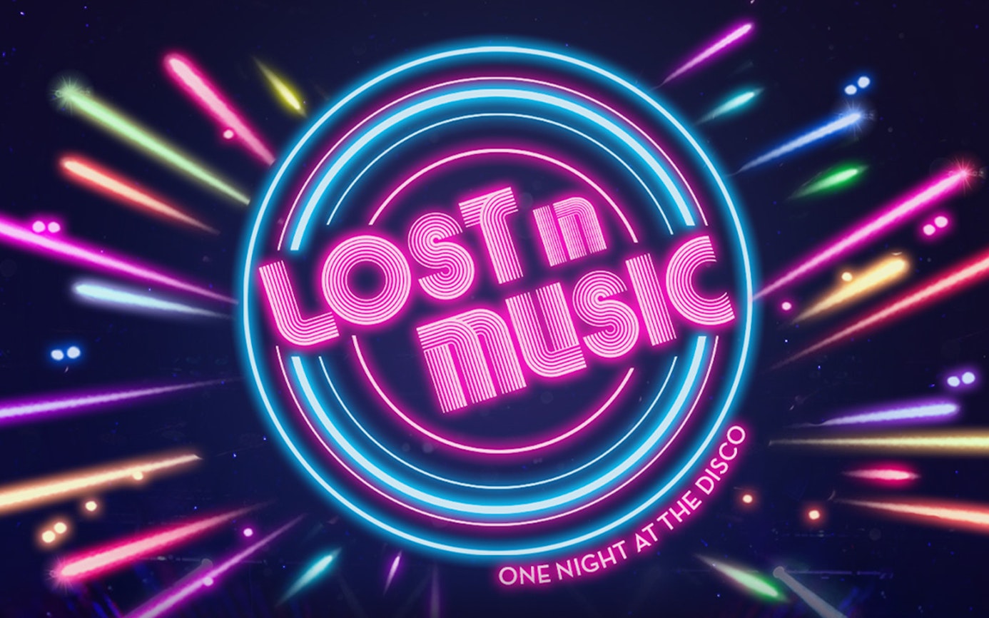 Neon lights with "Lost in Music" text and colorful streaks, promoting a disco event.