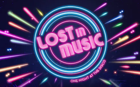 Neon lights with "Lost in Music" text and colorful streaks, promoting a disco event.