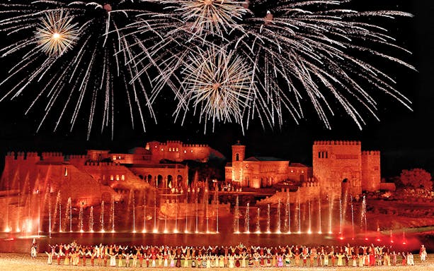 Fireworks over historic Toledo backdrop during The Dream of Toledo Night Show.