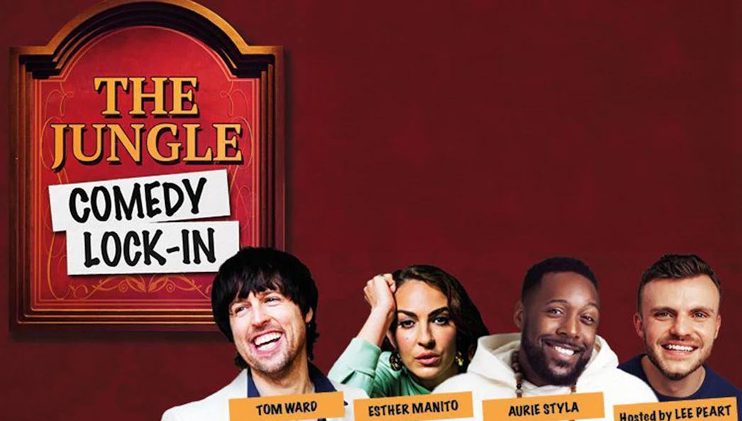 The Jungle Comedy Lock-In poster with comedians and host names.