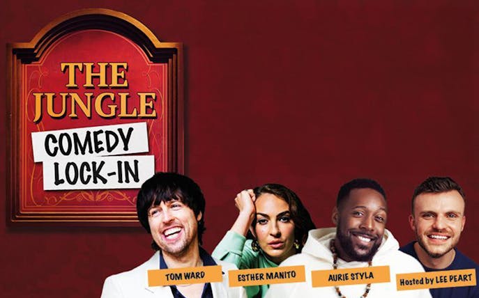 The Jungle Comedy Lock-In poster with comedians and host names.