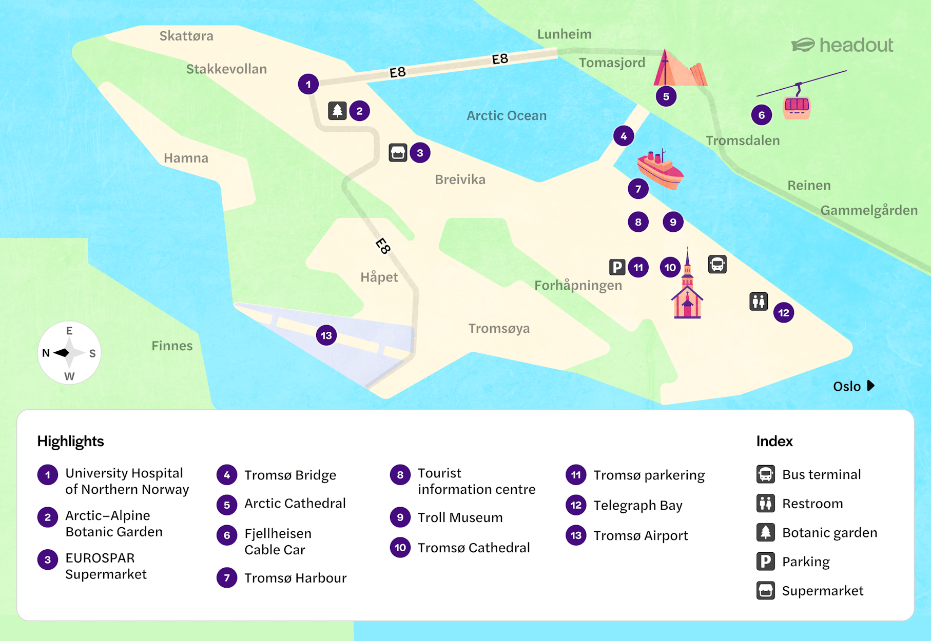 Tromso map highlighting attractions like Arctic Cathedral, Fjellheisen Cable Car, and Tromsø Harbour.