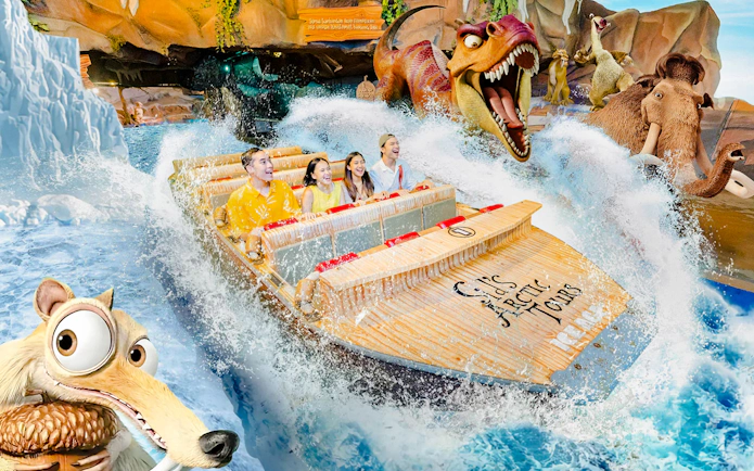 Visitors enjoying a water ride with animated characters at Dunia Fantasi Dufan Theme Park.
