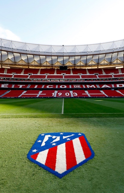 Civitas Metropolitano Stadium field view, Madrid, with Atlético de Madrid logo.