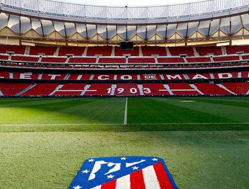 Civitas Metropolitano Stadium field view, Madrid, with Atlético de Madrid logo.