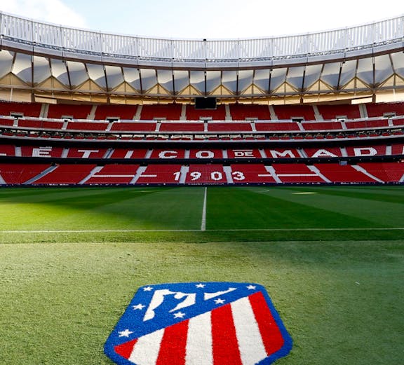 Civitas Metropolitano Stadium field view, Madrid, with Atlético de Madrid logo.