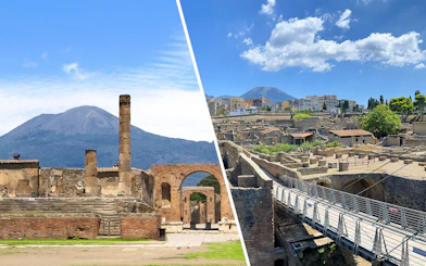 Pompeii ruins with Mount Vesuvius and Herculaneum archaeological site panorama.