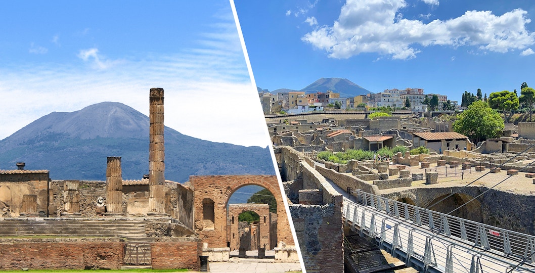 Pompeii ruins with Mount Vesuvius and Herculaneum archaeological site panorama.