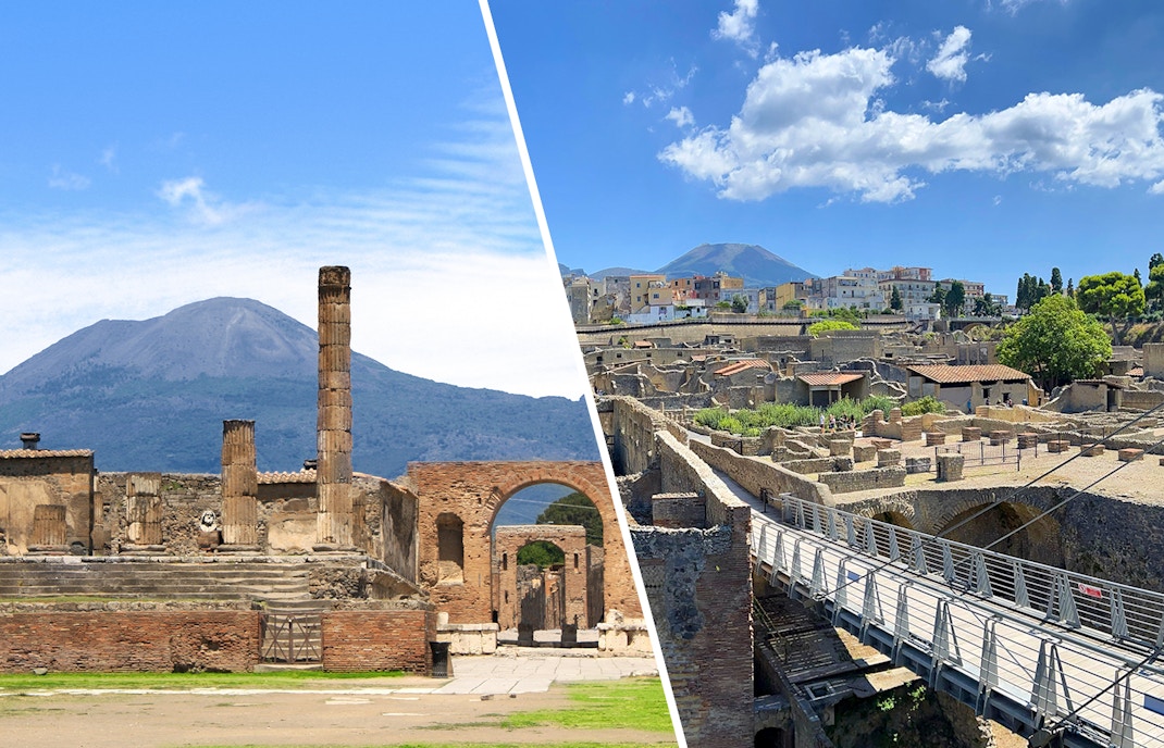 Pompeii and Herculaneum ruins with Mount Vesuvius in the background, showcasing ancient architecture and volcanic landscape.