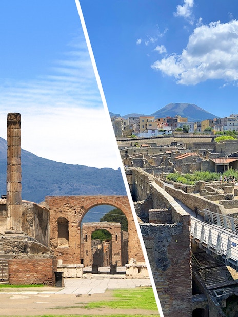 Pompeii ruins with Mount Vesuvius and Herculaneum archaeological site panorama.