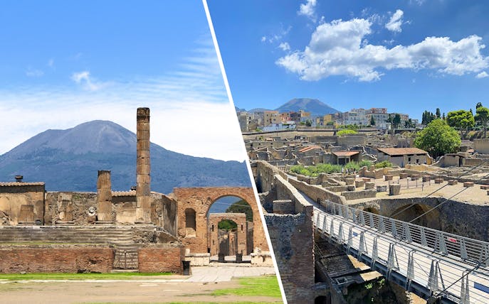 Pompeii ruins with Mount Vesuvius and Herculaneum archaeological site panorama.