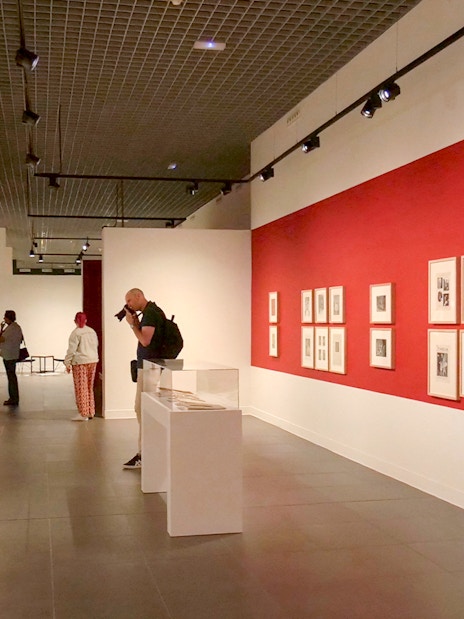 Tourist photographing artwork in the Russian Museum gallery.