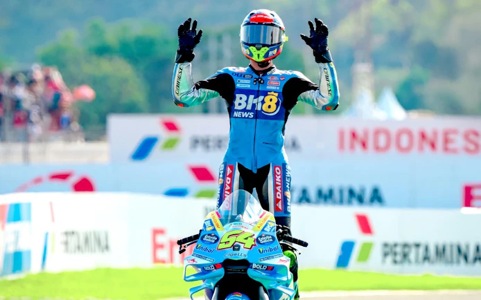 Motorcyclist celebrating at MotoGP Mandalika Pertamina Grand Prix of Indonesia 2026.
