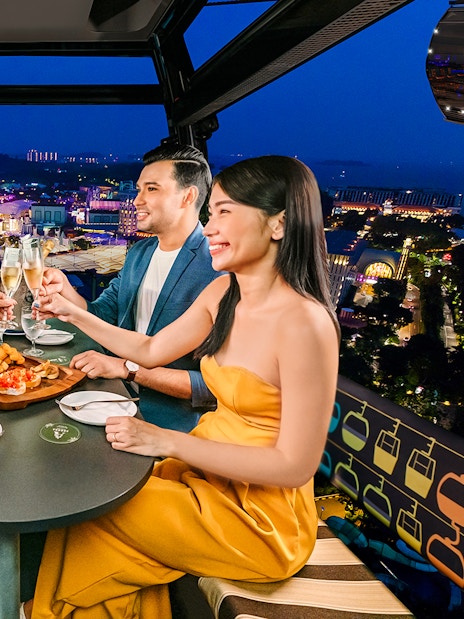 Four guests enjoying a meal in a Singapore cable car with city lights in the background.