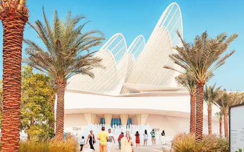 Visitors at Zayed National Museum entrance, Abu Dhabi, with palm trees and unique architecture.