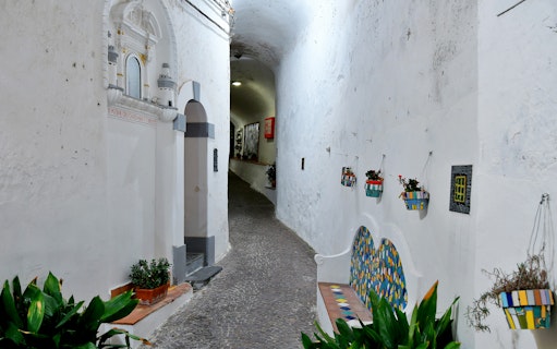 Narrow cobblestone alley in Positano with colorful flower pots and whitewashed walls.