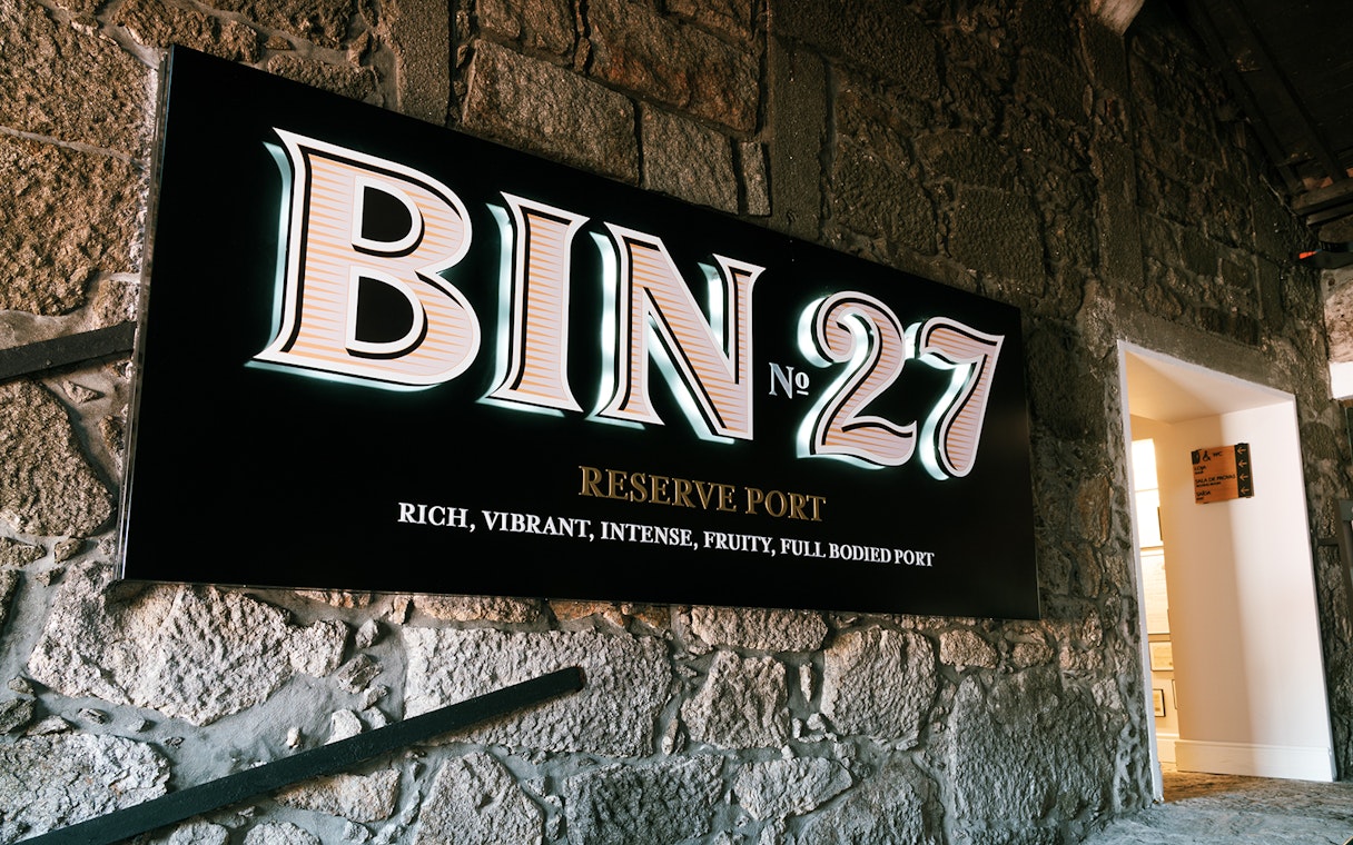 Fonseca port wine cellar entrance with Bin 27 sign.
