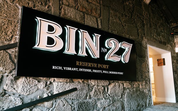 Fonseca port wine cellar entrance with Bin 27 sign.