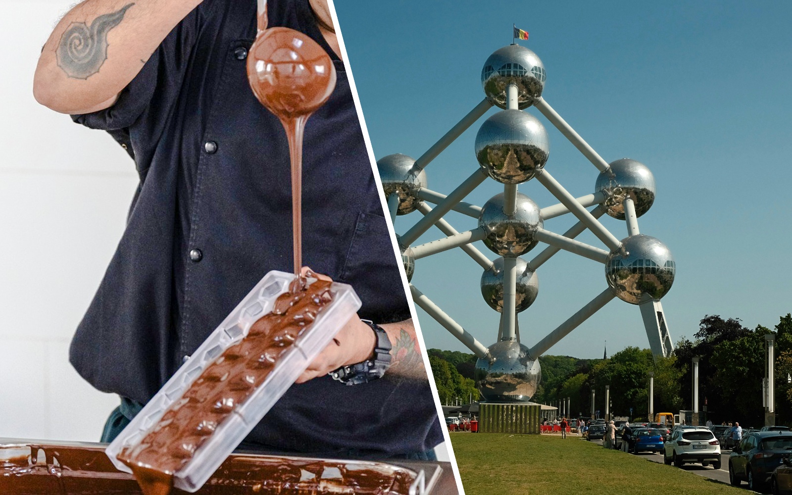 Chocolate pouring into mold at Choco Story Brussels and Atomium's steel spheres in Brussels.