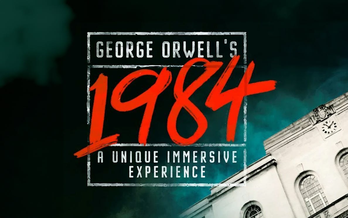George Orwell's 1984 immersive experience poster with building and clock