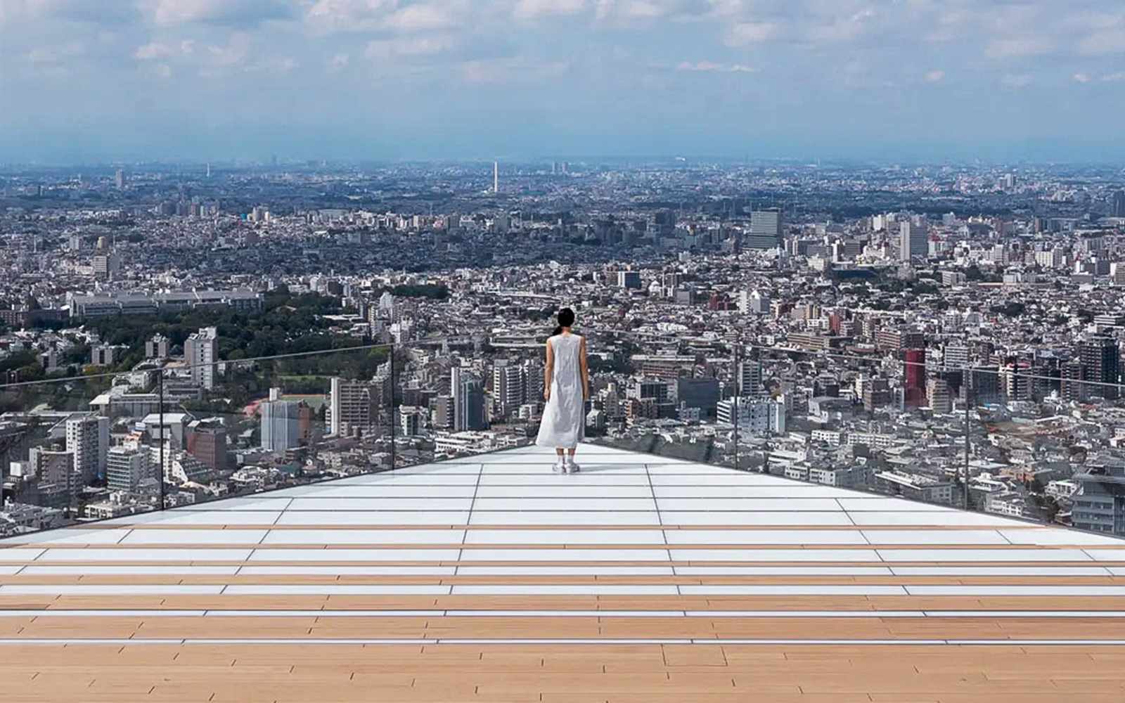 Person standing on a rooftop viewing platform overlooking a vast cityscape.