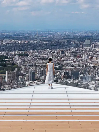 Person standing on a rooftop viewing platform overlooking a vast cityscape.