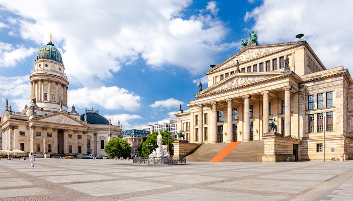 Gendarmenmarkt square with Konzerthaus and French Cathedral in Berlin, Germany.
