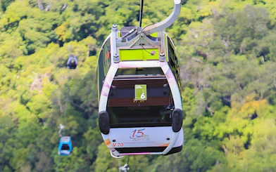 Glass bottom cable car over lush forest during Langkawi cable car tour.
