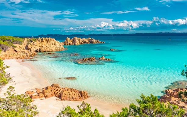 Turquoise waters and rocky coastline of Budelli Island, Maddalena Archipelago, Sardinia.