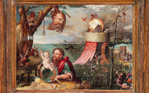 Surreal painting with mythical figures and landscapes, related to Alexander McQueen Mind, Mythos, Muse exhibition.