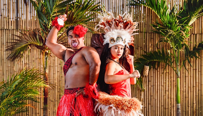 Performers posing pre- cultural show photos at the Mauka Warriors Luau, Hawaii