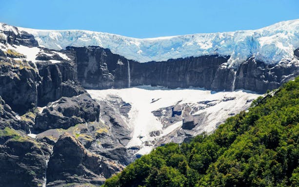 Hanging glaciers and snowfields on Mount Tronador in Argentine Patagonia.