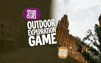 Outdoor exploration game poster with Melbourne architecture and puzzle clues.