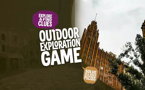 Outdoor exploration game poster with Melbourne architecture and puzzle clues.