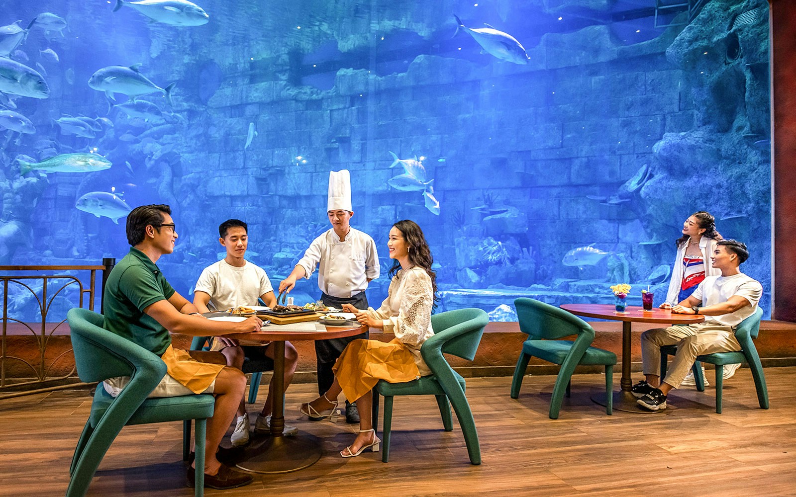 Guests dining in front of large aquarium with fish swimming, served by a chef.