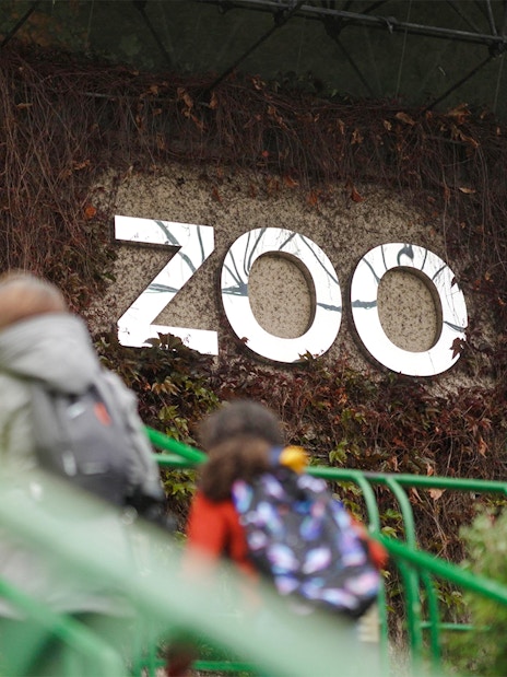 Zoo entrance sign at Edinburgh Zoo with visitors walking up stairs.