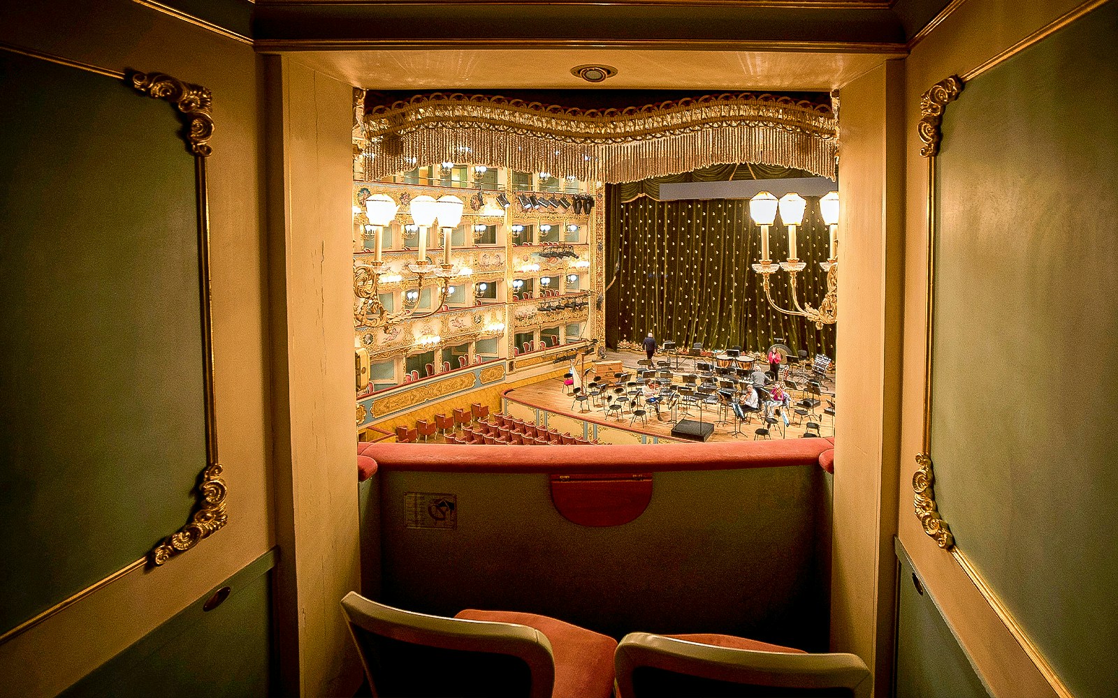 View from a box seat overlooking the stage at La Fenice opera house in Venice.