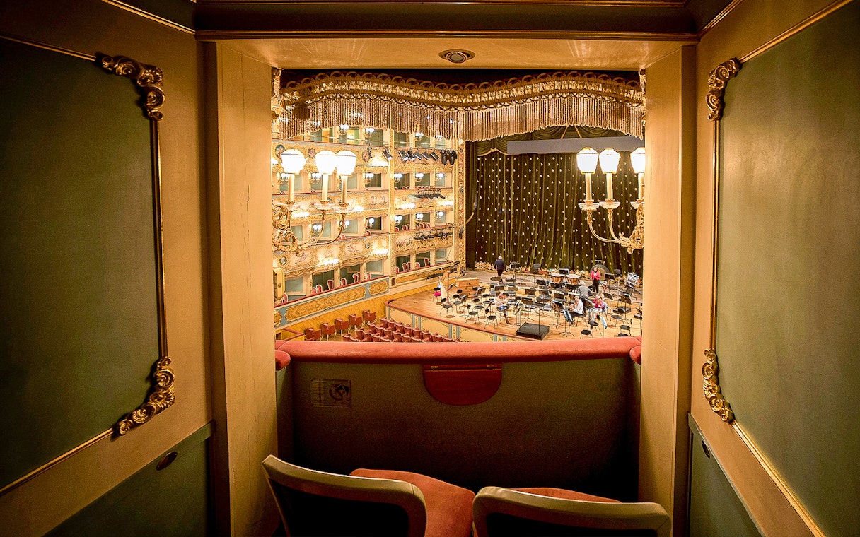 View from a box seat overlooking the stage at La Fenice opera house in Venice.