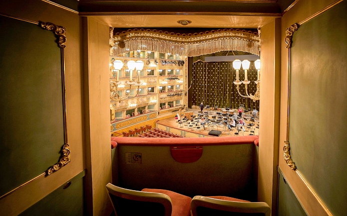 View from a box seat overlooking the stage at La Fenice opera house in Venice.