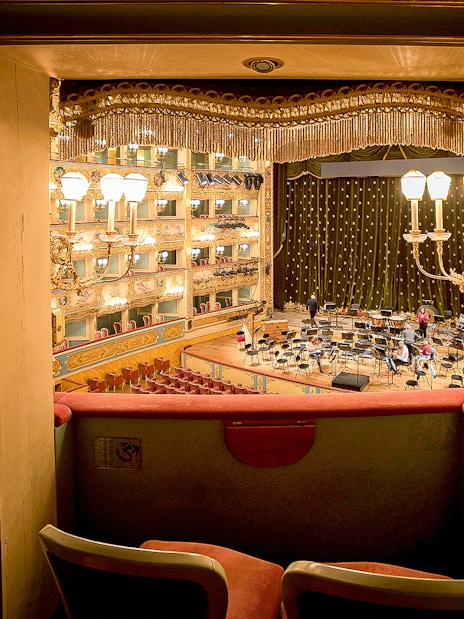 View from a box seat overlooking the stage at La Fenice opera house in Venice.