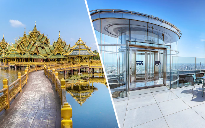 Ancient City pavilion and Mahanakhon SkyWalk observation deck in Bangkok, Thailand.